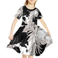 Black White Monotone Tropical Flowers Pattern Kid Short Sleeve Dress - Polynesian Pride