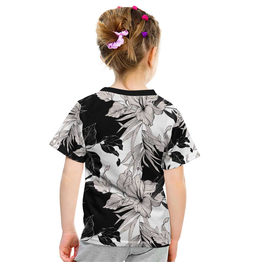 Black White Monotone Tropical Flowers Pattern Kid T Shirt - Polynesian Pride