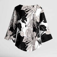 Black White Monotone Tropical Flowers Pattern Kimono Sleeve Blouse - Polynesian Pride
