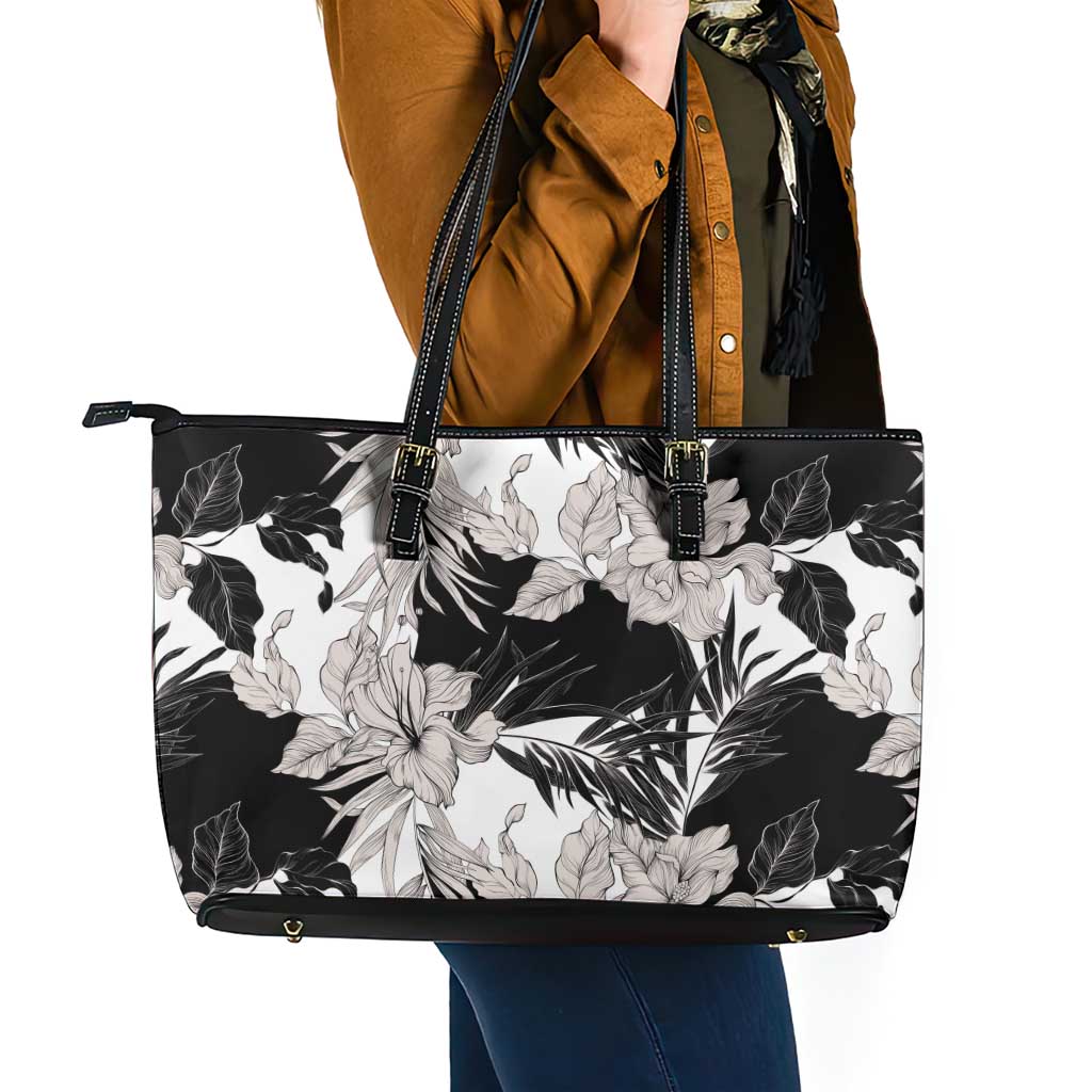 Black White Monotone Tropical Flowers Pattern Leather Tote Bag - Polynesian Pride