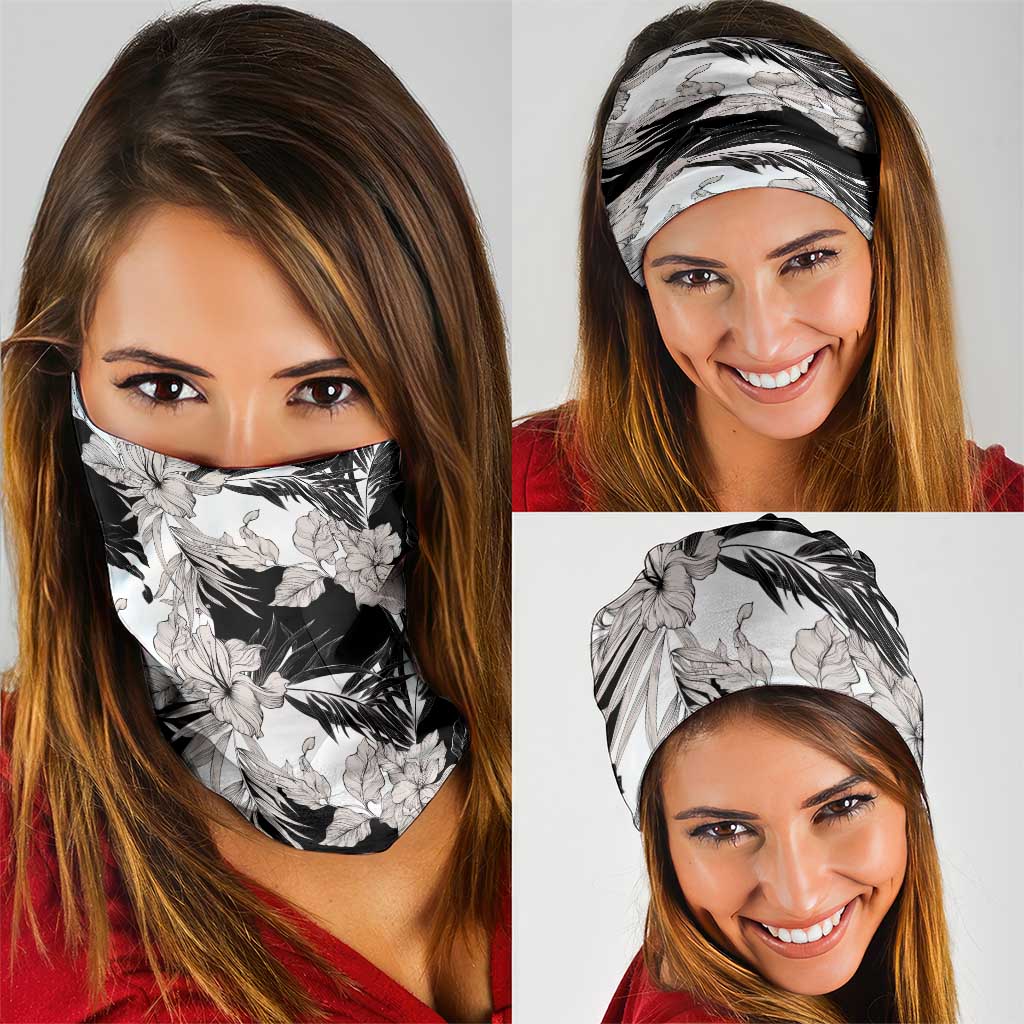 Black White Monotone Tropical Flowers Pattern Neck Gaiter - Polynesian Pride