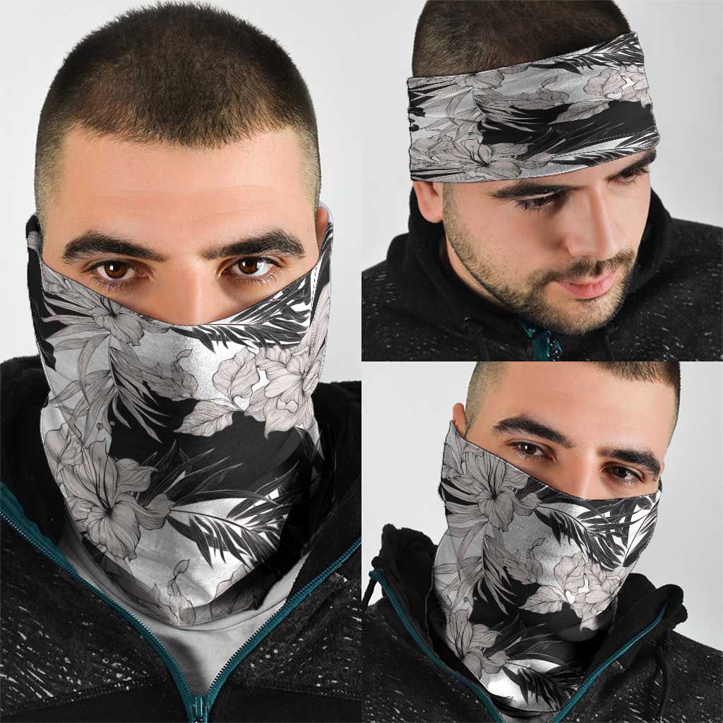 Black White Monotone Tropical Flowers Pattern Neck Gaiter - Polynesian Pride