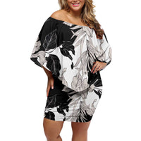 Black White Monotone Tropical Flowers Pattern Off Shoulder Short Dress - Polynesian Pride