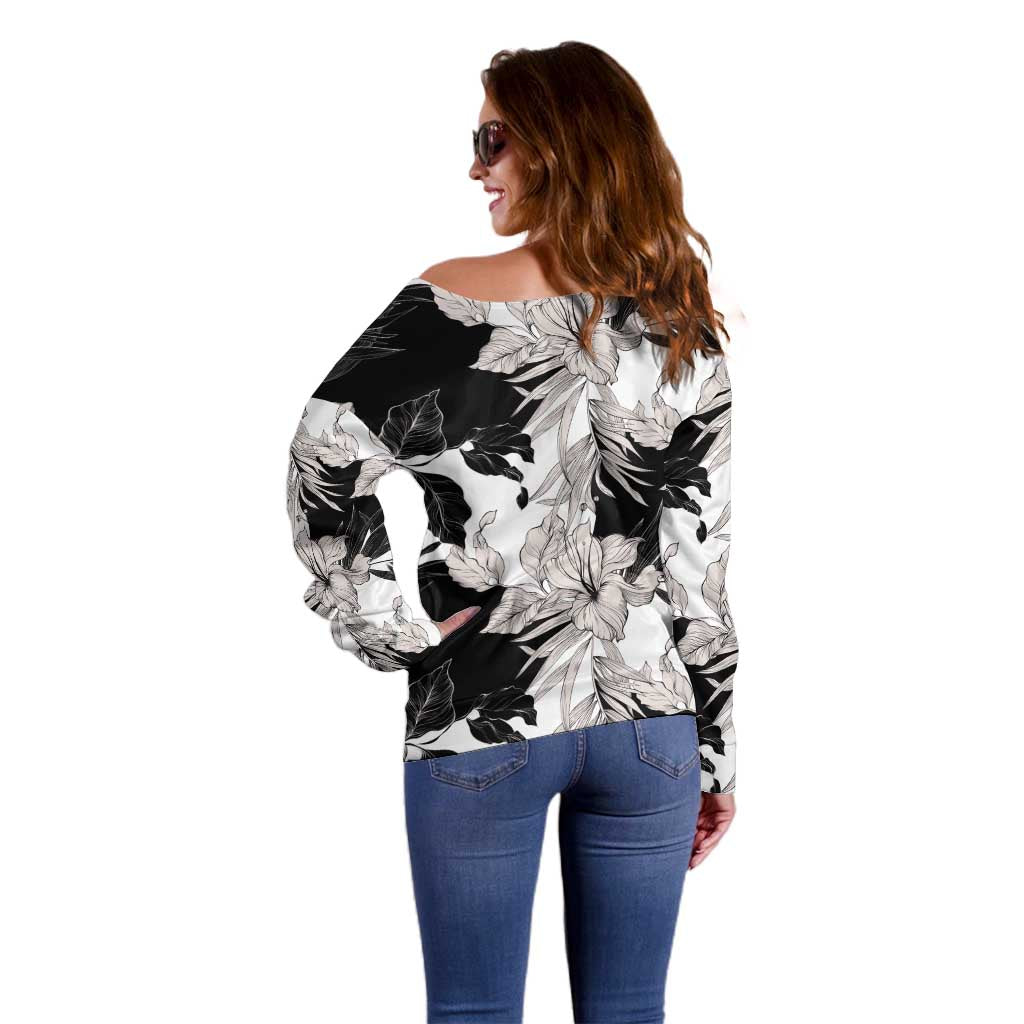 Black White Monotone Tropical Flowers Pattern Off Shoulder Sweater - Polynesian Pride