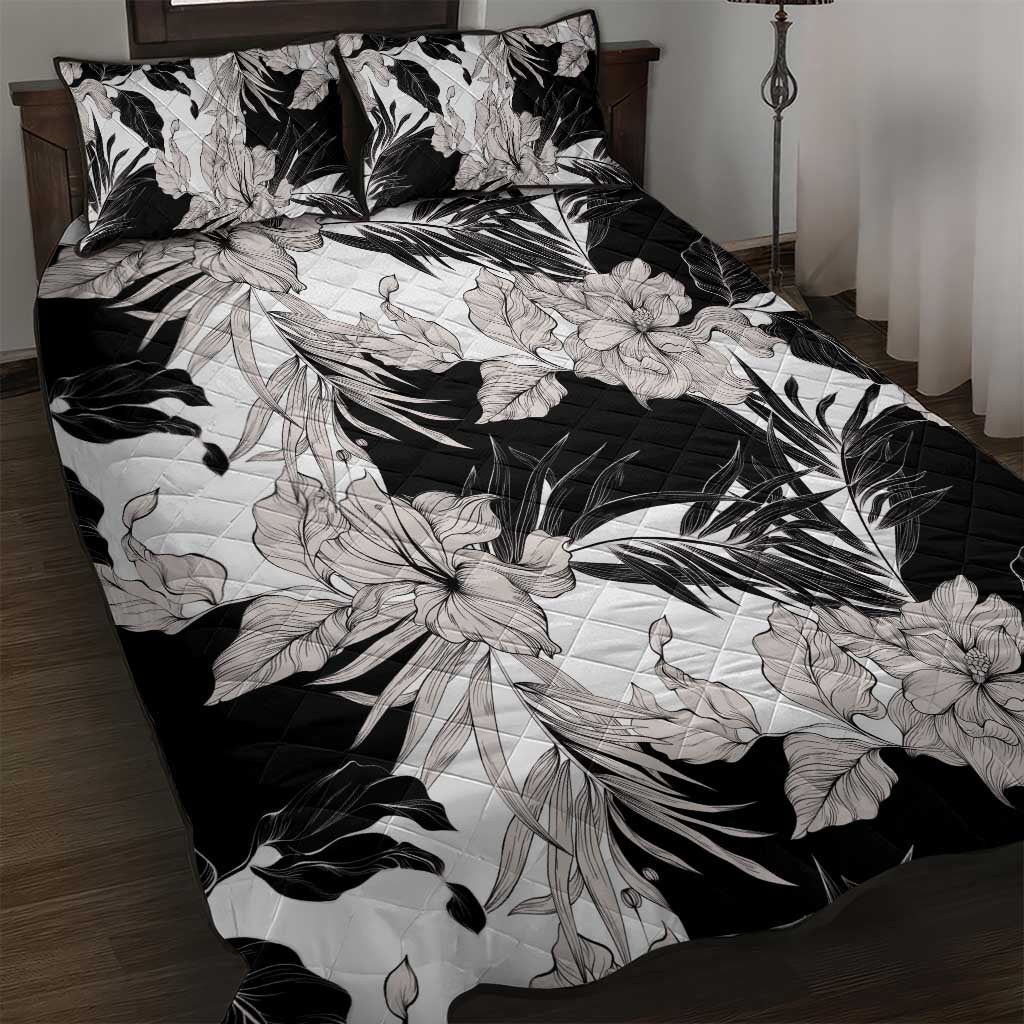 Black White Monotone Tropical Flowers Pattern Quilt Bed Set LT01 Black - Polynesian Pride