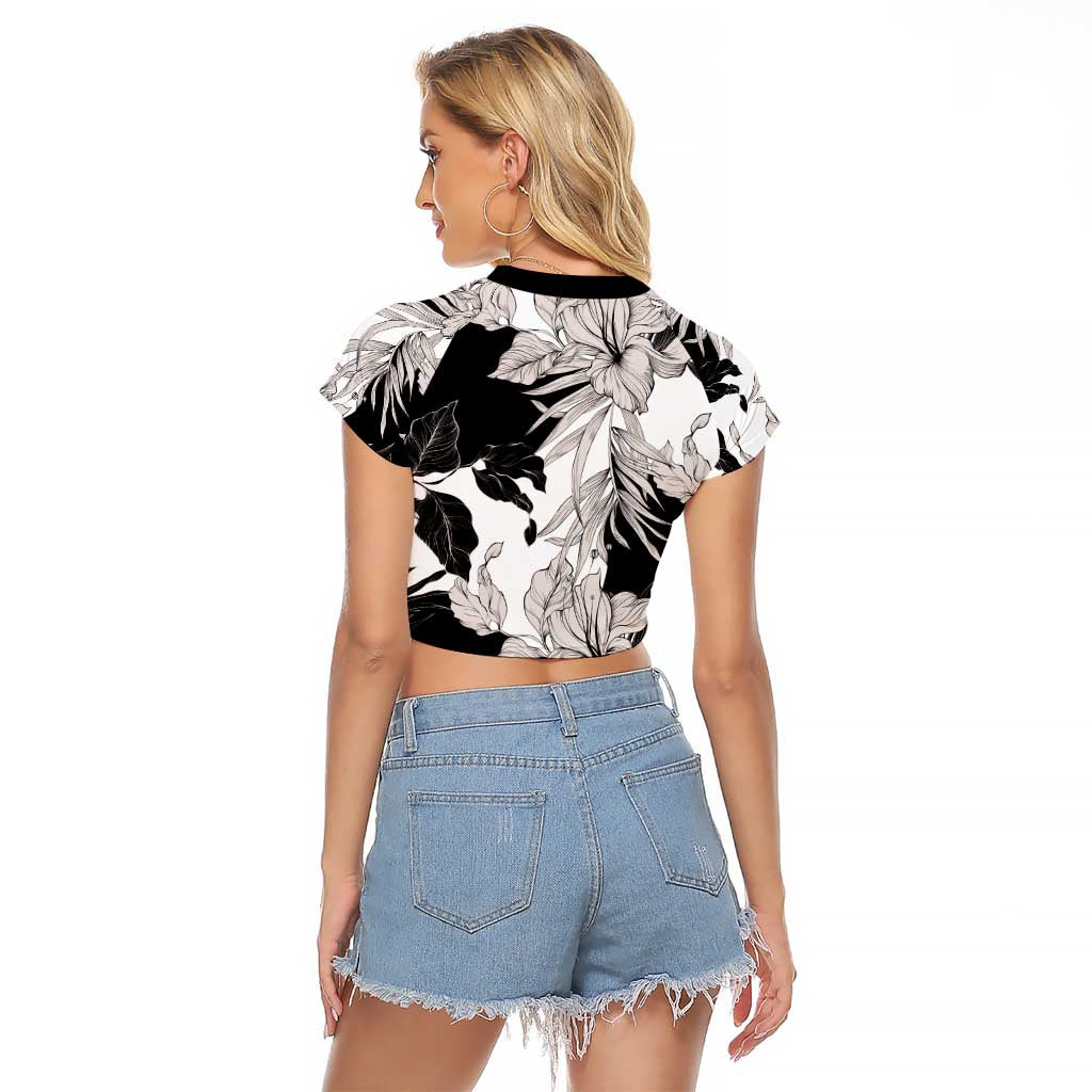 Black White Monotone Tropical Flowers Pattern Raglan Cropped T Shirt - Polynesian Pride