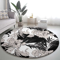 Black White Monotone Tropical Flowers Pattern Round Carpet - Polynesian Pride
