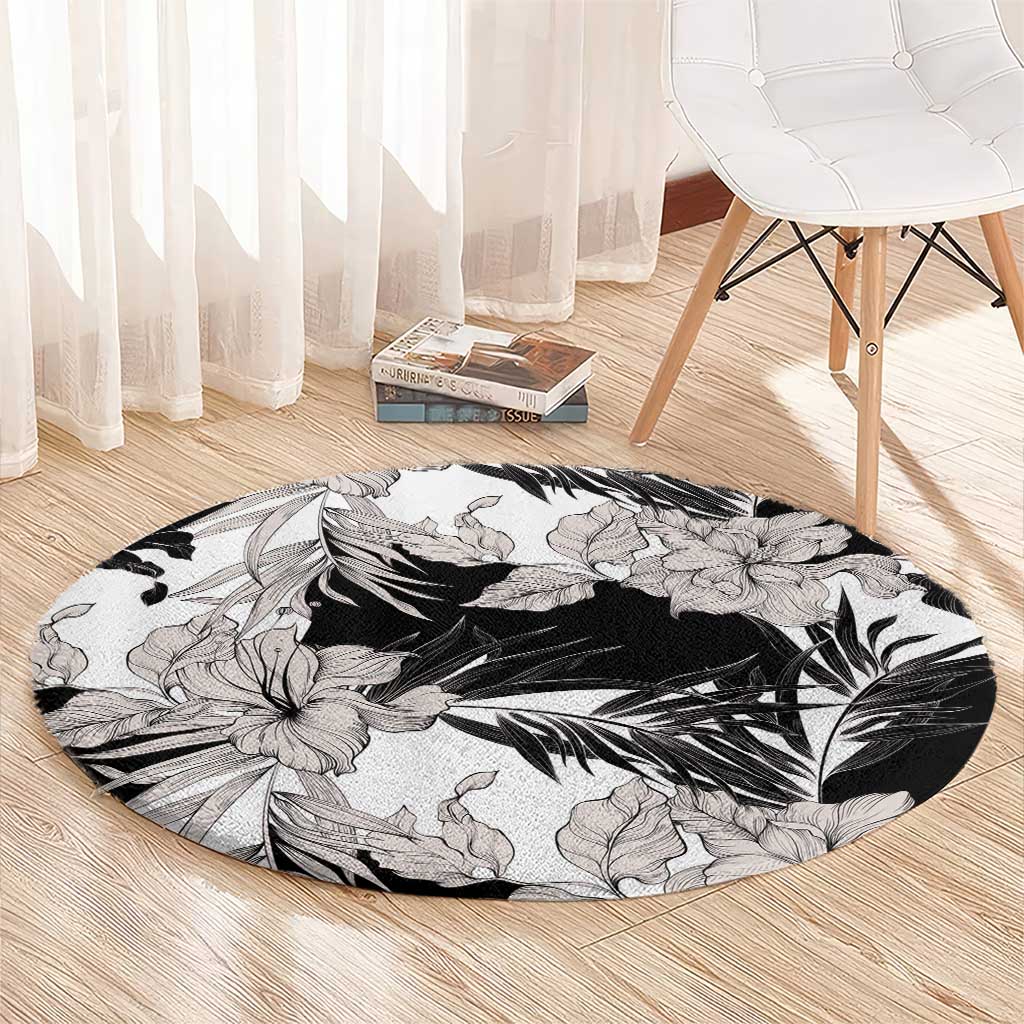 Black White Monotone Tropical Flowers Pattern Round Carpet - Polynesian Pride