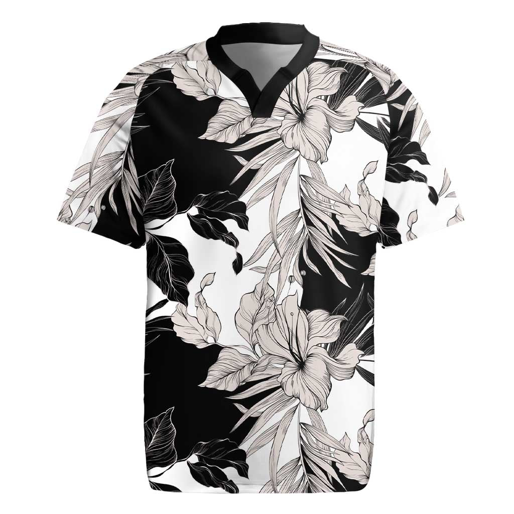 Black White Monotone Tropical Flowers Pattern Rugby Jersey - Polynesian Pride