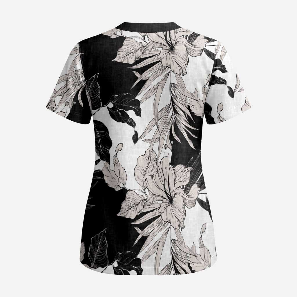 Black White Monotone Tropical Flowers Pattern Scrub Top - Polynesian Pride