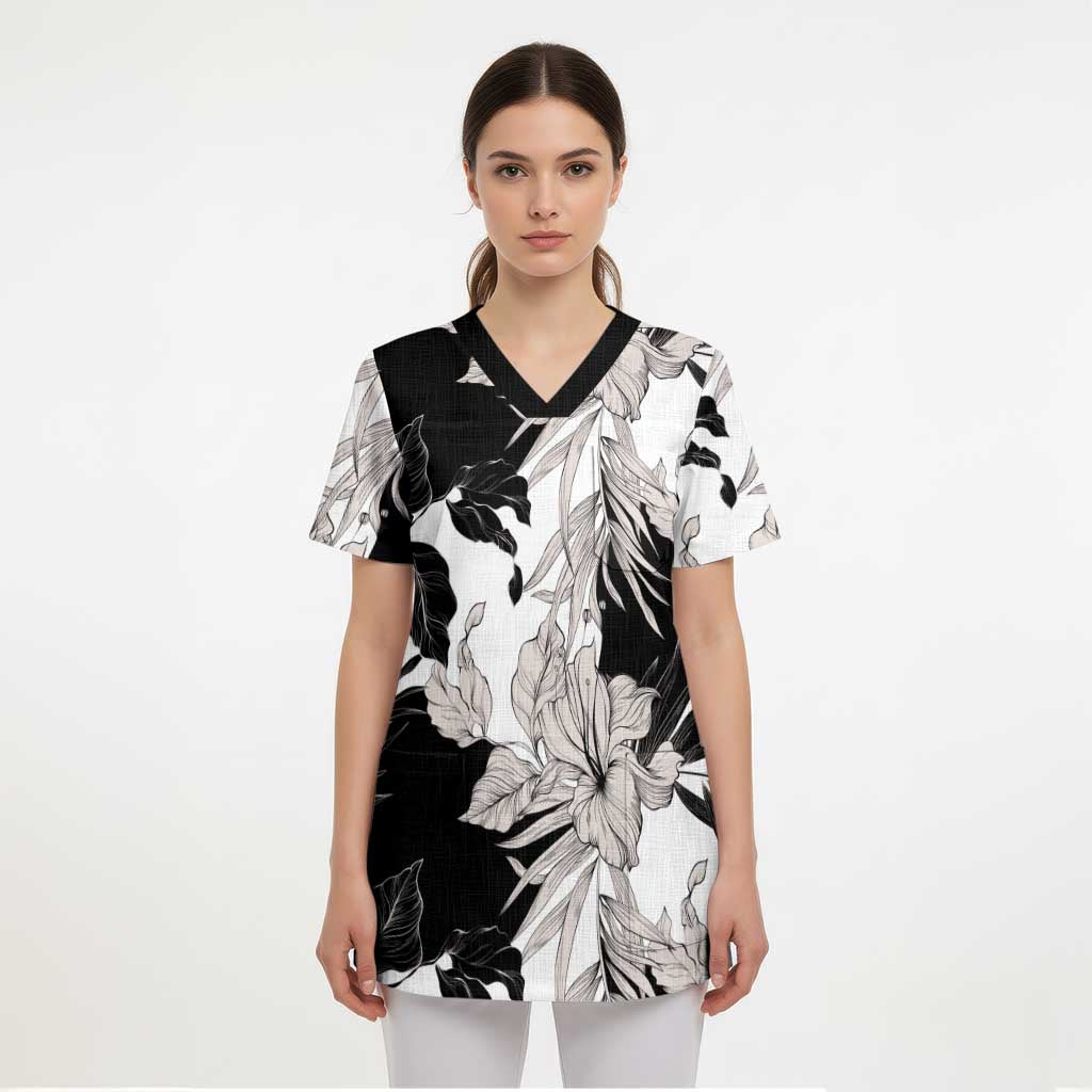 Black White Monotone Tropical Flowers Pattern Scrub Top - Polynesian Pride