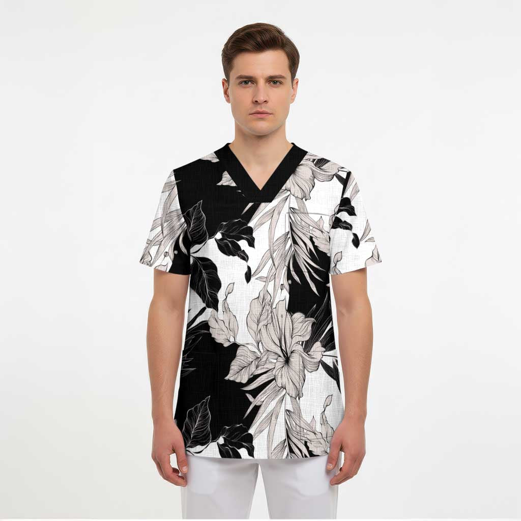 Black White Monotone Tropical Flowers Pattern Scrub Top - Polynesian Pride