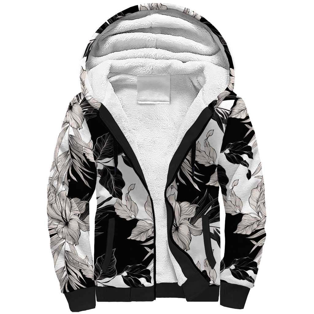 Black White Monotone Tropical Flowers Pattern Sherpa Hoodie - Polynesian Pride