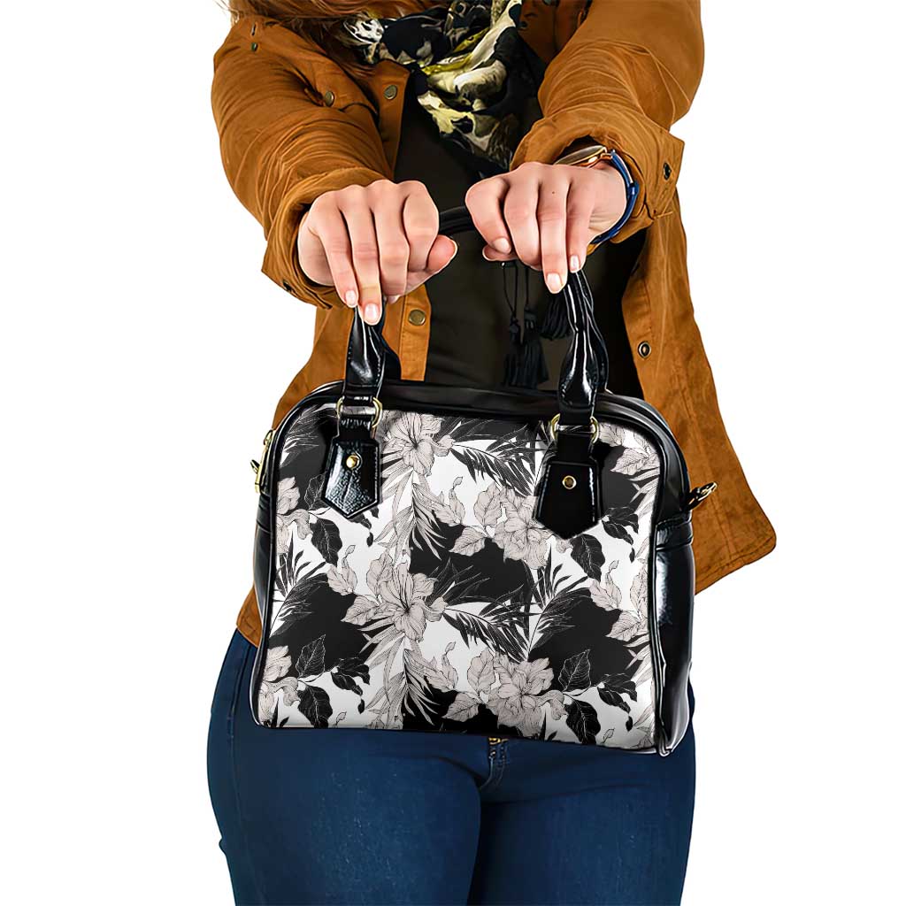 Black White Monotone Tropical Flowers Pattern Shoulder Handbag LT01 One Size Black - Polynesian Pride