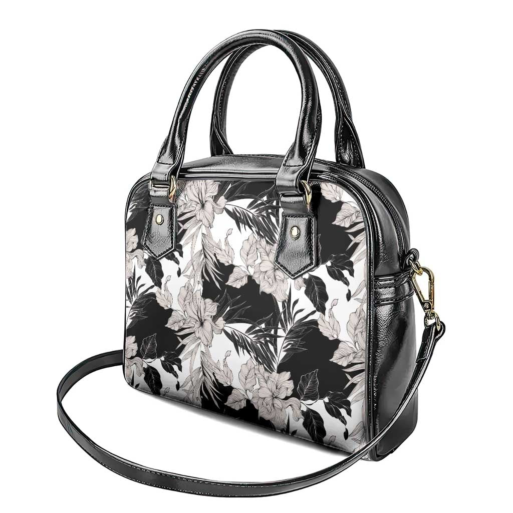 Black White Monotone Tropical Flowers Pattern Shoulder Handbag - Polynesian Pride
