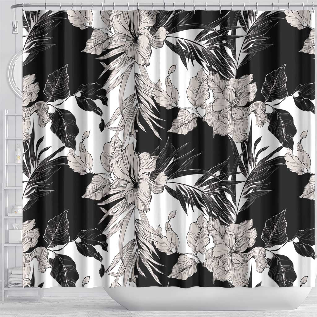 Black White Monotone Tropical Flowers Pattern Shower Curtain - Polynesian Pride