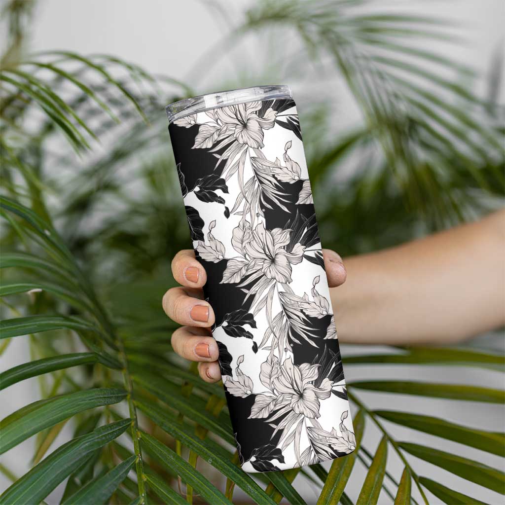 Black White Monotone Tropical Flowers Pattern Skinny Tumbler - Polynesian Pride