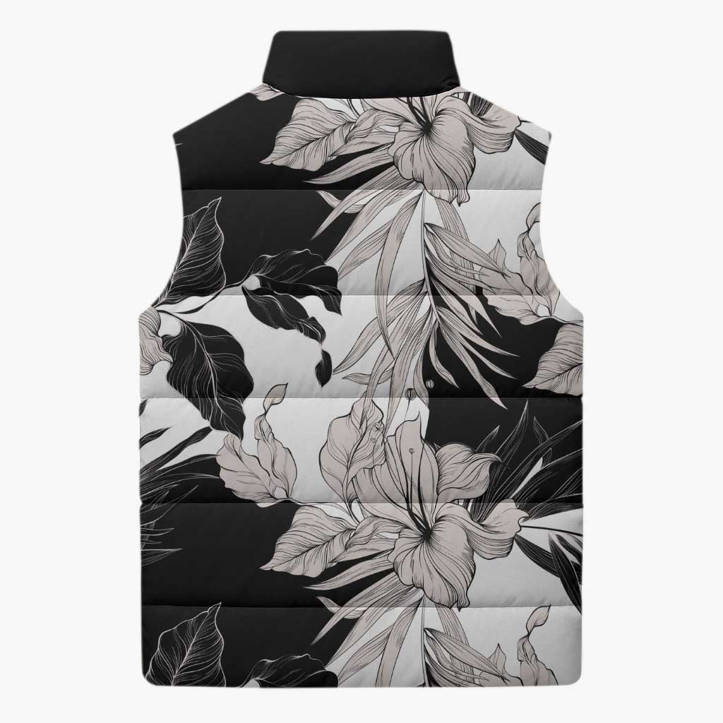 Black White Monotone Tropical Flowers Pattern Sleeveless Puffer Jacket LT01 - Polynesian Pride