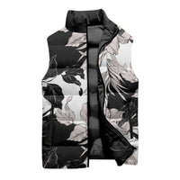 Black White Monotone Tropical Flowers Pattern Sleeveless Puffer Jacket LT01 - Polynesian Pride