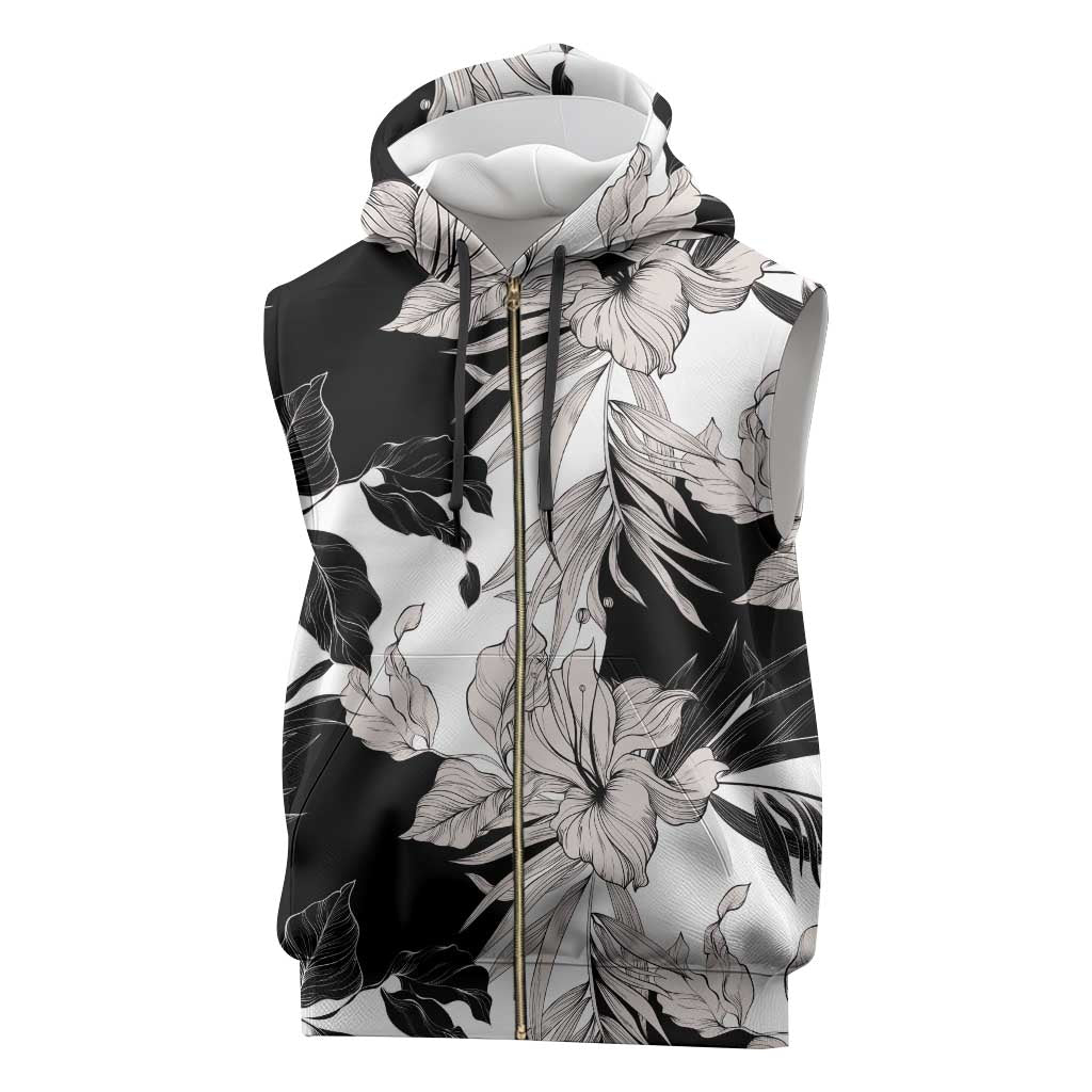 Black White Monotone Tropical Flowers Pattern Sleeveless Zip Hoodie - Polynesian Pride
