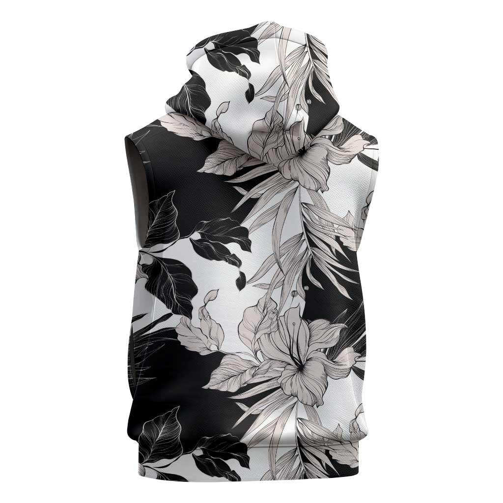 Black White Monotone Tropical Flowers Pattern Sleeveless Zip Hoodie - Polynesian Pride