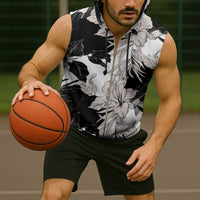 Black White Monotone Tropical Flowers Pattern Sleeveless Zip Hoodie - Polynesian Pride
