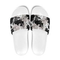 Black White Monotone Tropical Flowers Pattern Slide Sandals - Polynesian Pride