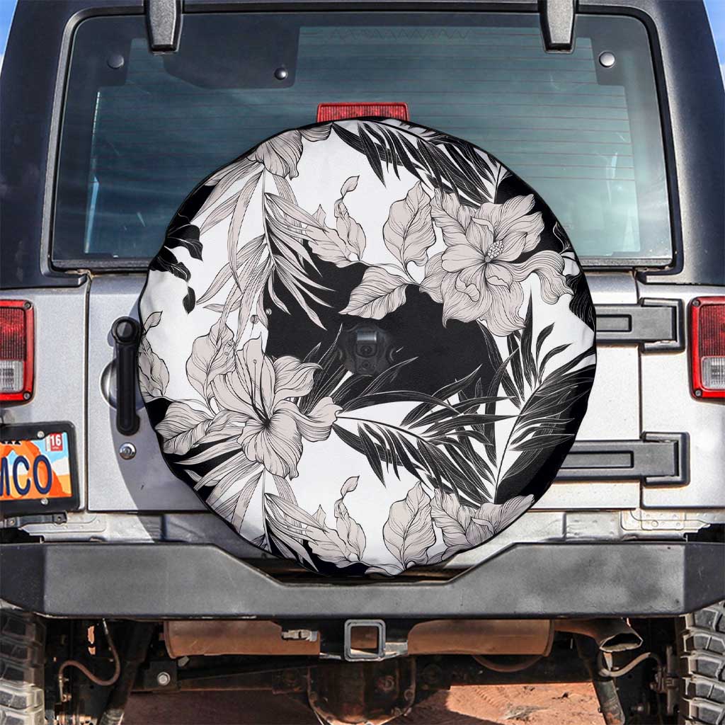 Black White Monotone Tropical Flowers Pattern Spare Tire Cover - Polynesian Pride