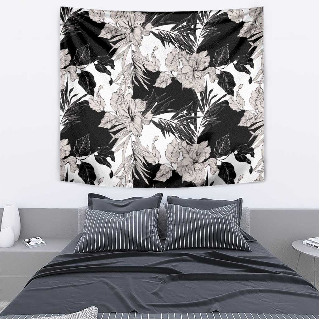 Black White Monotone Tropical Flowers Pattern Tapestry - Polynesian Pride