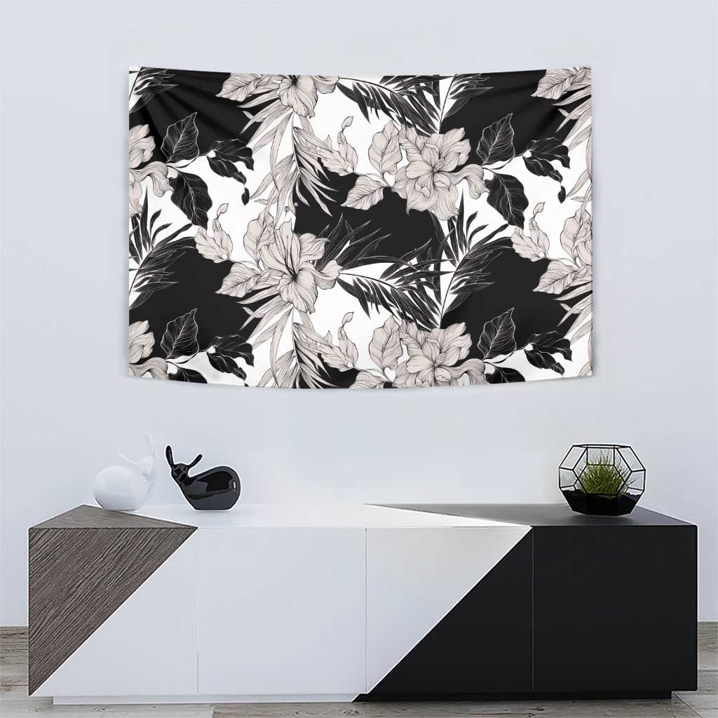Black White Monotone Tropical Flowers Pattern Tapestry - Polynesian Pride