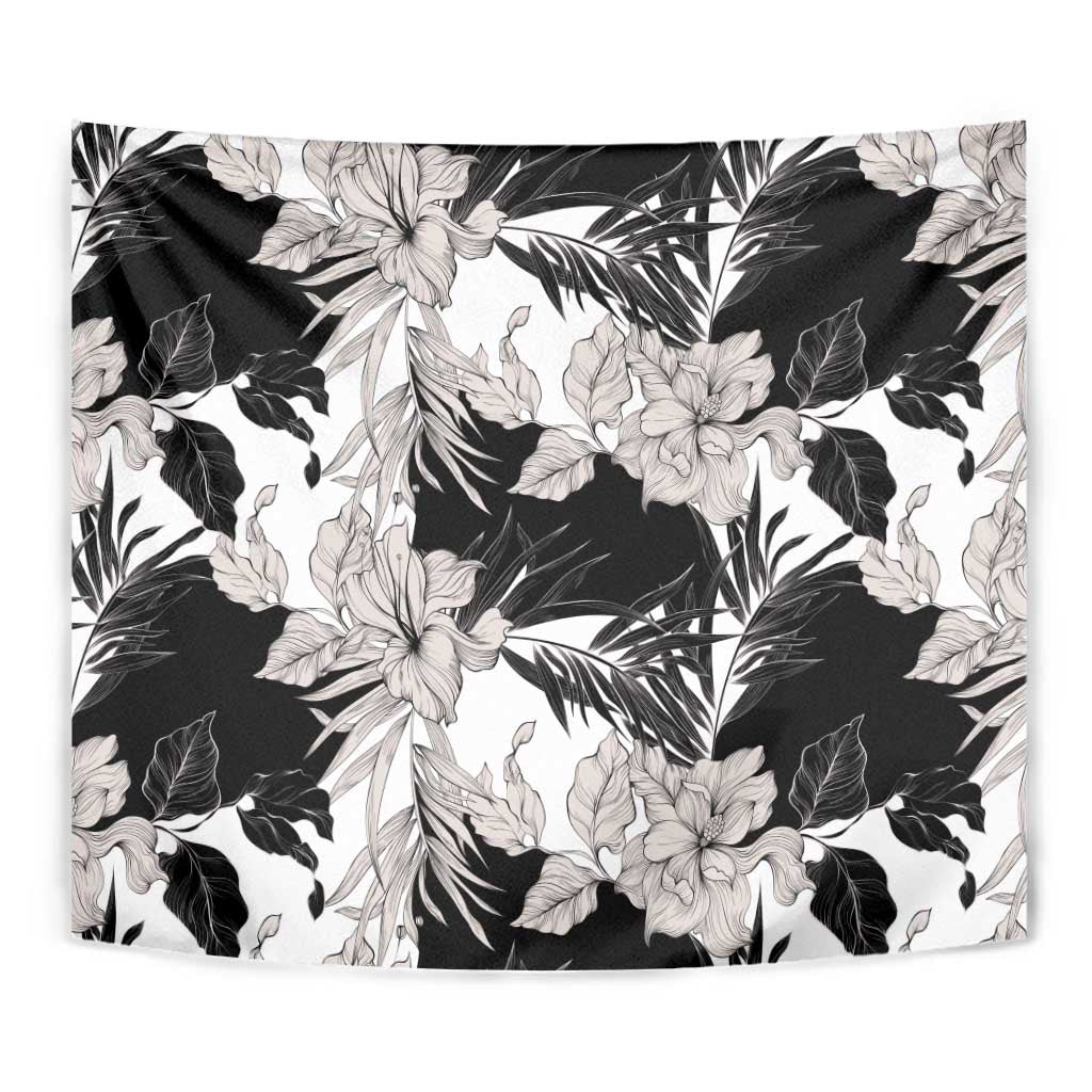 Black White Monotone Tropical Flowers Pattern Tapestry - Polynesian Pride