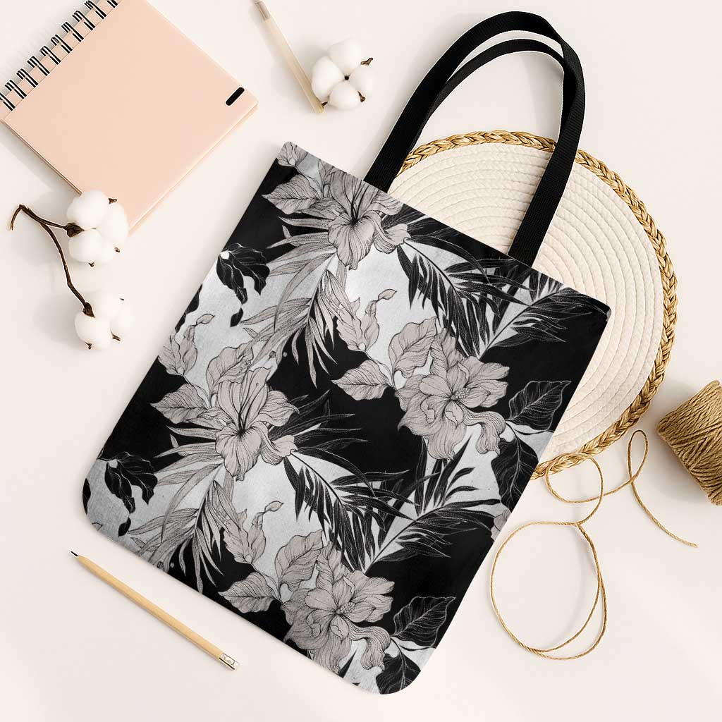 Black White Monotone Tropical Flowers Pattern Tote Bag LT01 Black Strap One Size Black - Polynesian Pride