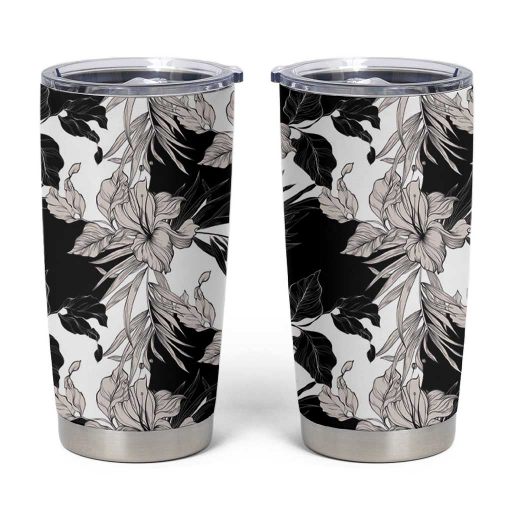 Black White Monotone Tropical Flowers Pattern Tumbler Cup - Polynesian Pride