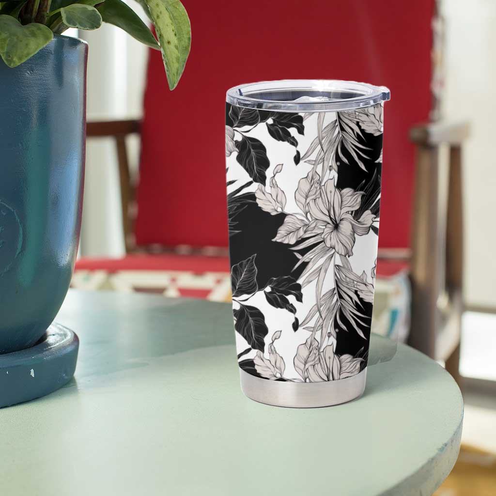 Black White Monotone Tropical Flowers Pattern Tumbler Cup - Polynesian Pride