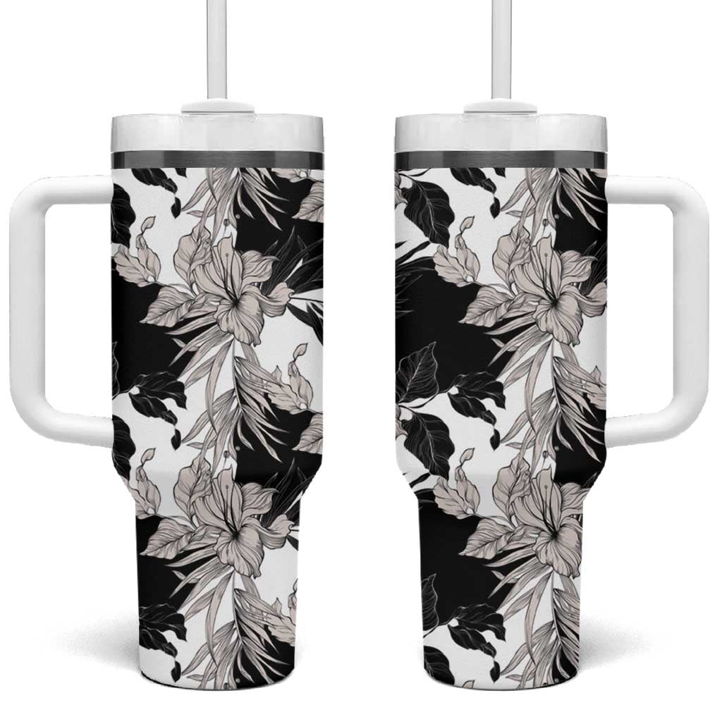 Black White Monotone Tropical Flowers Pattern Tumbler With Handle - Polynesian Pride