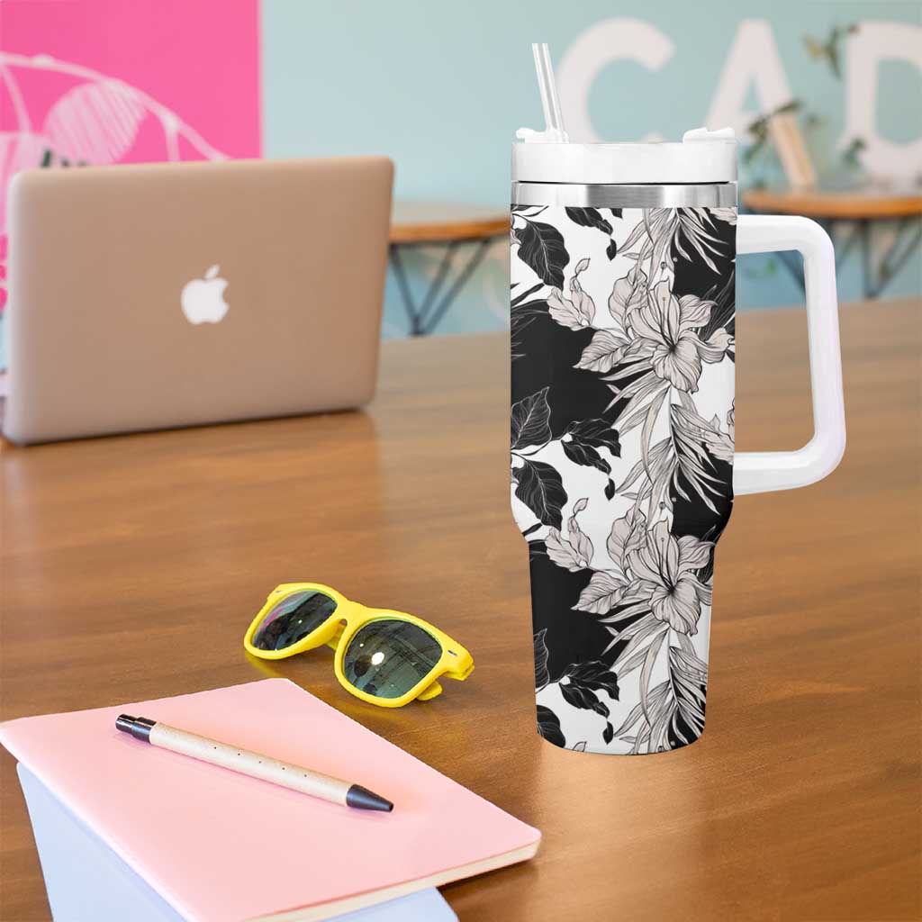 Black White Monotone Tropical Flowers Pattern Tumbler With Handle - Polynesian Pride