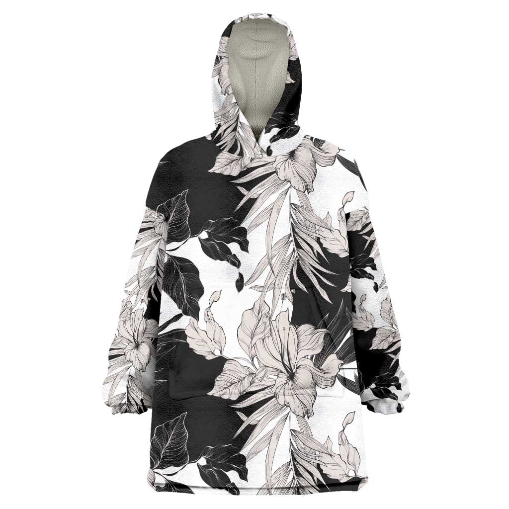 Black White Monotone Tropical Flowers Pattern Wearable Blanket Hoodie - Polynesian Pride