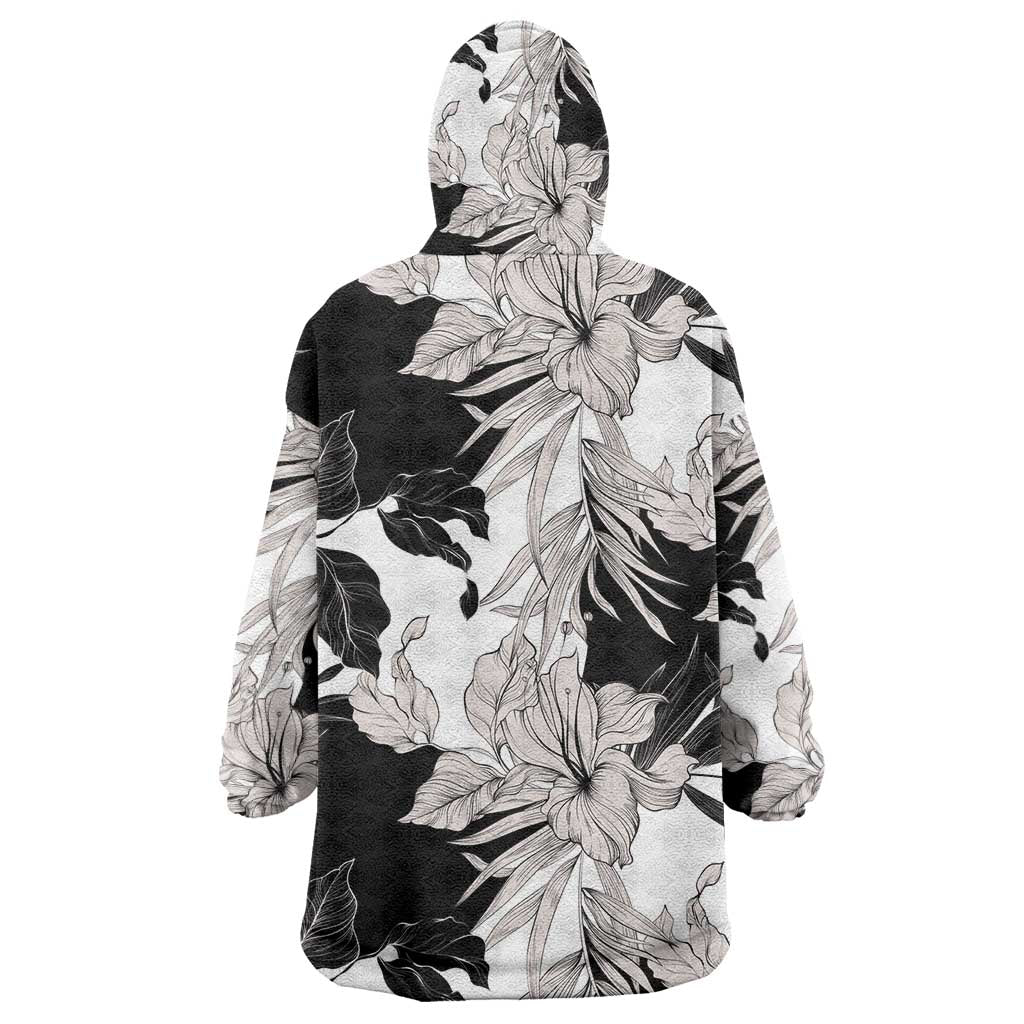 Black White Monotone Tropical Flowers Pattern Wearable Blanket Hoodie - Polynesian Pride