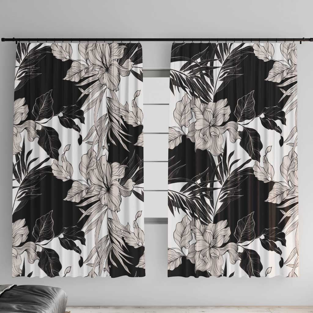 Black White Monotone Tropical Flowers Pattern Window Curtain LT01 With Hooks Black - Polynesian Pride