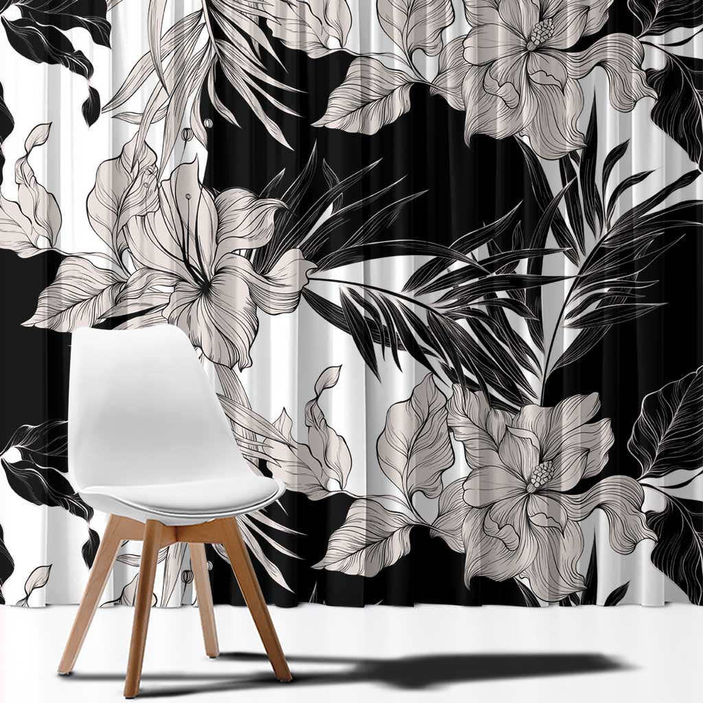 Black White Monotone Tropical Flowers Pattern Window Curtain - Polynesian Pride