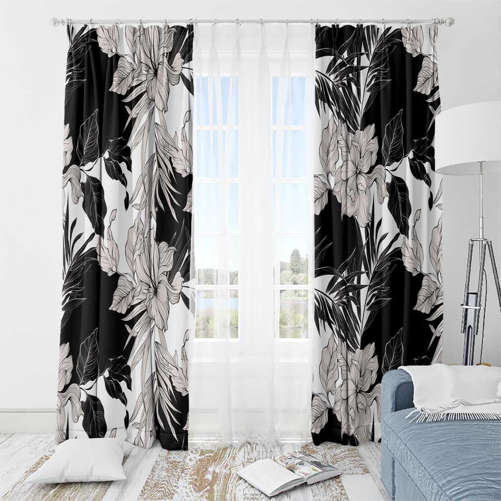Black White Monotone Tropical Flowers Pattern Window Curtain - Polynesian Pride
