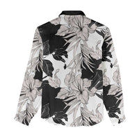 Black White Monotone Tropical Flowers Pattern Women Casual Shirt - Polynesian Pride