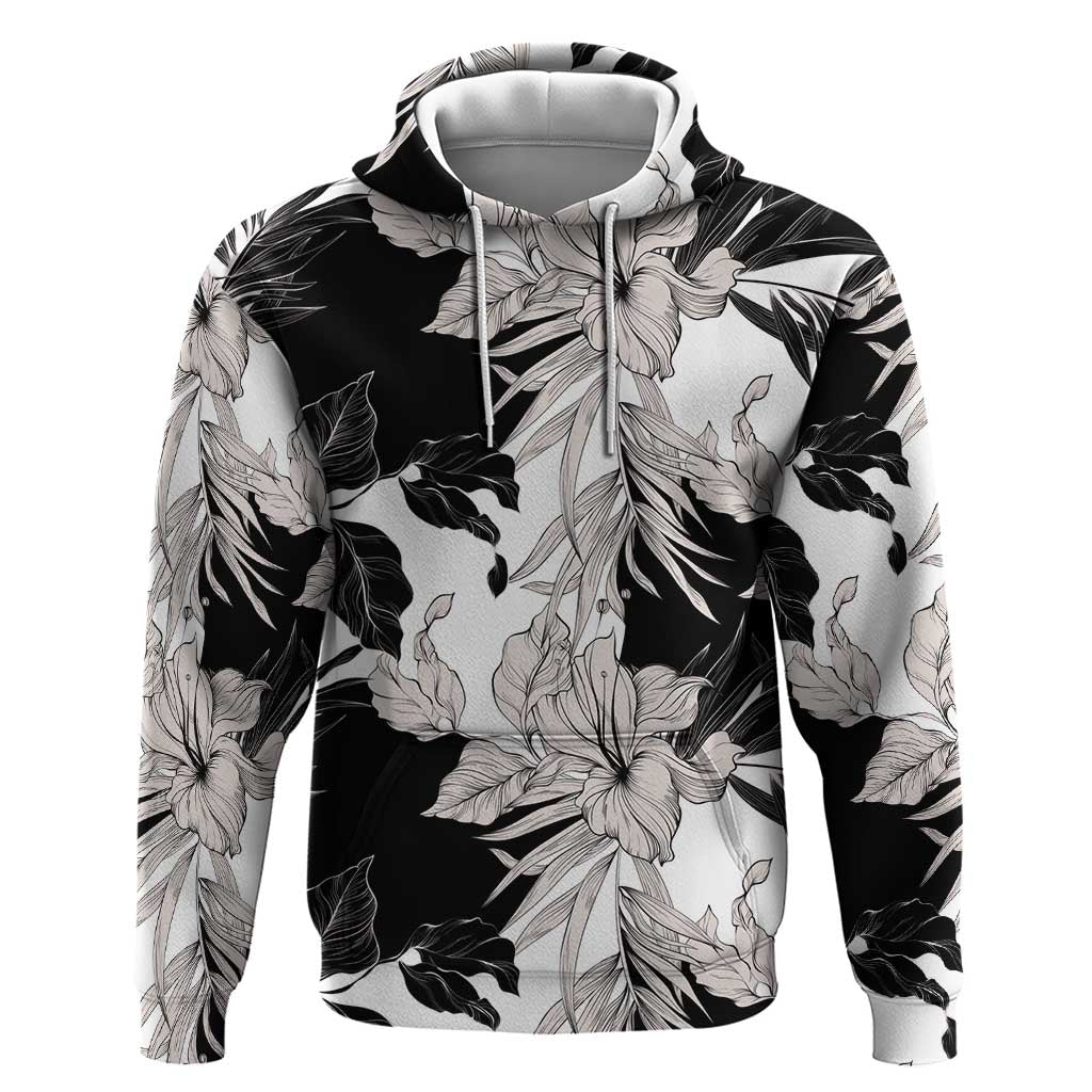 Black White Monotone Tropical Flowers Pattern Zip Hoodie - Polynesian Pride