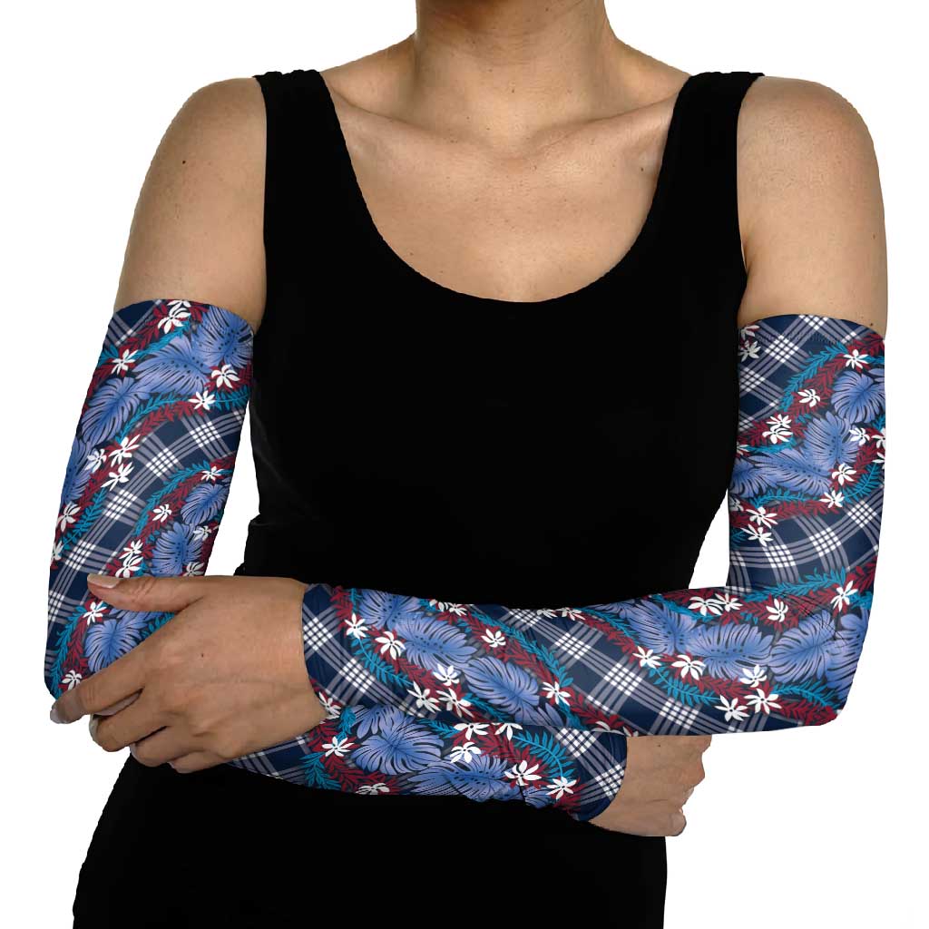 Polynesian Monstera Tiare Floral Arm Sleeves Royal Blue Tropical Plaid - Polynesian Pride