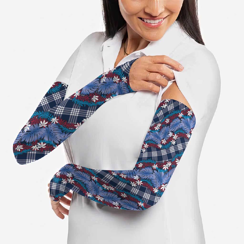 Polynesian Monstera Tiare Floral Arm Sleeves Royal Blue Tropical Plaid - Polynesian Pride