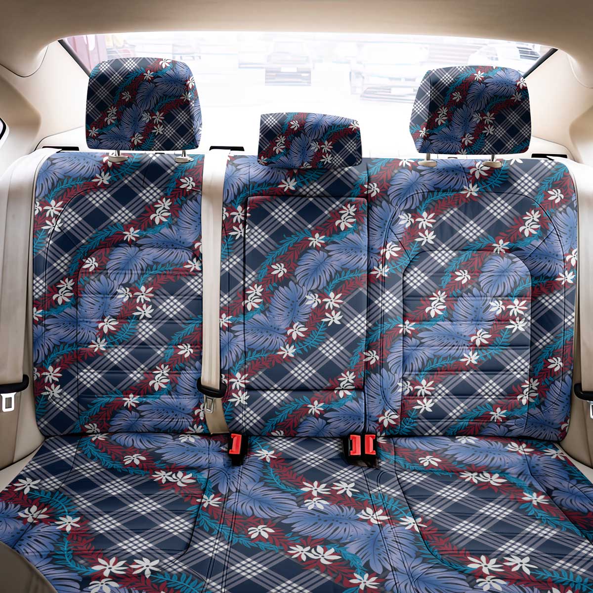 Polynesian Monstera Tiare Floral Back Car Seat Cover Royal Blue Tropical Plaid - Polynesian Pride