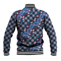 Polynesian Monstera Tiare Floral Baseball Jacket Royal Blue Tropical Plaid - Polynesian Pride