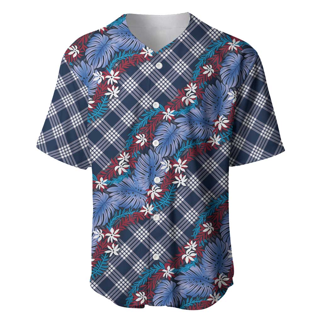 Polynesian Monstera Tiare Floral Baseball Jersey Royal Blue Tropical Plaid - Polynesian Pride