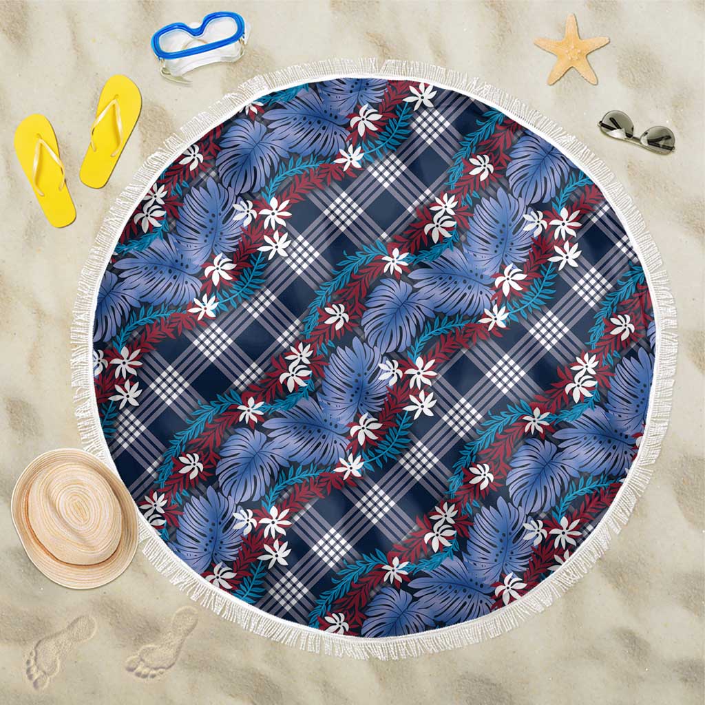 Polynesian Monstera Tiare Floral Beach Blanket Royal Blue Tropical Plaid - Polynesian Pride