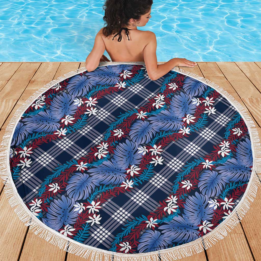 Polynesian Monstera Tiare Floral Beach Blanket Royal Blue Tropical Plaid - Polynesian Pride